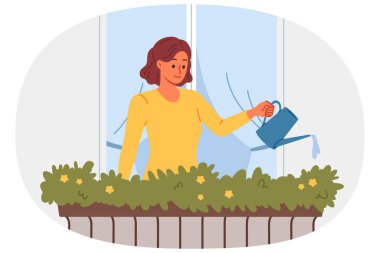 Kadın çiçekleri sular, pencerenin yanındaki balkonda durur yeşil ve çiçeklerle dekore edilmiş binanın ön cephesini süslerdi. Kız balkondan bitkilerle ilgileniyor, bahçeyle ve botanikle ilgileniyor..