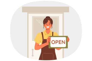 Kadın garson, restoranın kapısında açık duran ve ziyaretçi olmaya davet eden yazıtları gösteriyor. Misafirperver kız garson ya da yemek endüstrisinde küçük bir işletme sahibi, önlük giymiş.