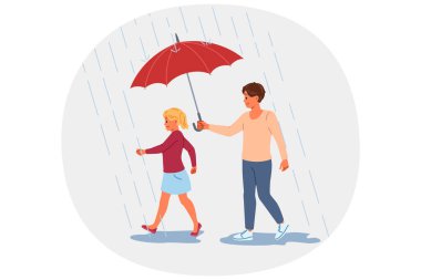 Şefkatli bir baba, kızını yağmurdan korur. Şemsiye kullanır ve mutlu bir şekilde yürür. Küçük kız yağmurda mutlu babasıyla yürüyor, kendini güvende hissediyor, babasının desteği sayesinde.