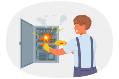 Elektrikçi adam yüksek voltaj transformatörleriyle elektrik panelini tamir ederken elektrik şokuyla yaralandı. Tamirci dikkatsizlik ve profesyonellik eksikliği nedeniyle elektrik şokuna maruz kaldı.