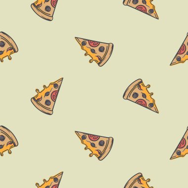 Pizzayla kusursuz bir desen. Özgeçmiş, hediye kağıdı ve ambalaj için basit düzenlenebilir illüstrasyon. Vektör illüstrasyonu