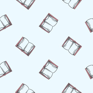 Kitap simgesi ile kusursuz bir şablon. Eğitimle, okulla, tebliğlerle ilgili bir geçmiş. Basit el çizimi semboller. Vektör illüstrasyonu