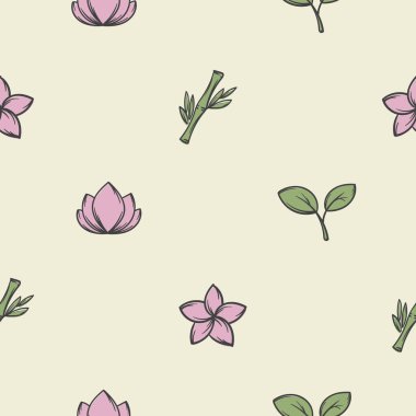 Şark tıbbı, sağlık ve kaplıca tedavileriyle ilişkili vektörsüz şablon. Nilüfer çiçekleri, bambu ve yaprakların basit el çizimleri. Vektör illüstrasyonu