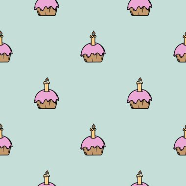 Doğum günü pastası ve mumla basit, pürüzsüz bir desen. El çizimi tatil vektör çizimi. Hediye kağıdı ve baskı için sonsuz bir arkaplan. Vektör illüstrasyonu