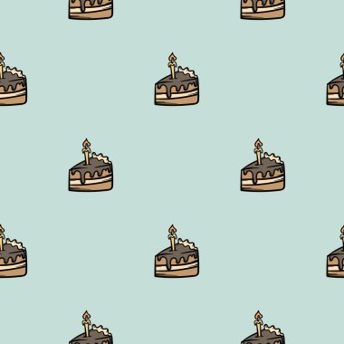 Basit, pürüzsüz bir kalıp, bir parça doğum günü pastası ve bir mum. El çizimi tatil vektör çizimi. Hediye kağıdı ve baskı için sonsuz bir arkaplan. Vektör illüstrasyonu