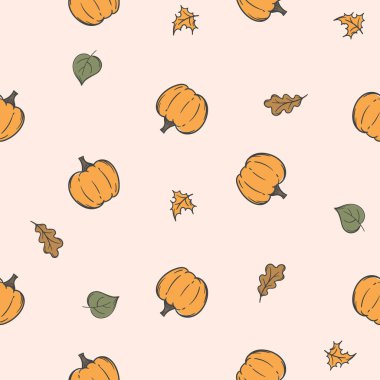 Sonbahar yaprakları ve balkabağıyla basit, pürüzsüz bir desen. Ambalaj kağıdı, dekorasyon ve tasarım için vektör arkaplanı. Tekrarlayan elementlerle sonsuz desen. Vektör illüstrasyonu