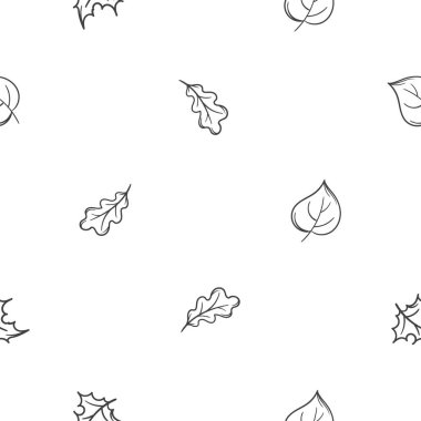 Düşen meşe yaprakları, akçaağaç ve kavak yapraklarıyla basit siyah ve beyaz desenli. Sonbahar, okul ve şükran günüyle ilgili bir resim. Paket kağıdı için sonsuz bir arkaplan. Vektör illüstrasyonu