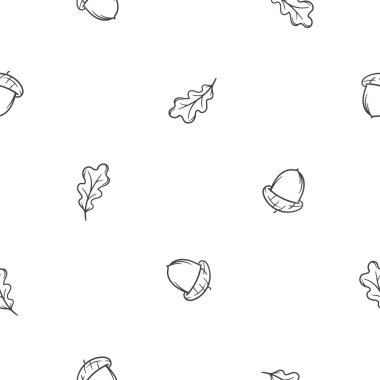 Meşe yaprakları ve meşe palamudu olan siyah beyaz basit bir vektör. Tasarım, ambalaj kağıdı ve baskılar için sonsuz bir arkaplan. Vektör illüstrasyonu