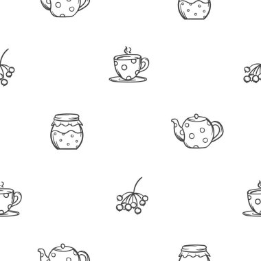 Çaydanlık, bir fincan çay, bir kavanoz reçel ve rowan meyveli sade siyah ve beyaz desenli. Sonbaharla ilgili bir resim, ev konforu. Paket kağıdı için sonsuz bir arkaplan. Vektör illüstrasyonu