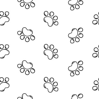 Büyük bir köpek pençesi ile basit siyah beyaz desenli. Evcil hayvan dükkanları, hayvan ürünleri ve veteriner klinikleri için vektör geçmişi. Paket kağıdı için tasarım, baskı. Vektör illüstrasyonu