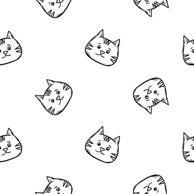 Sevimli bir çizgi film kedisinin yüzüne sahip basit siyah beyaz desenli. Evcil hayvan dükkanları, evcil hayvan ürünleri, veteriner klinikleri için vektör geçmişi. Paket kağıdı için tasarım. Vektör illüstrasyonu