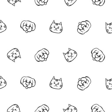 Kedilerin ve köpeklerin yüzlerine sahip basit, siyah ve beyaz bir desen. Evcil hayvan dükkanları, evcil hayvan ürünleri, veteriner klinikleri için vektör geçmişi. Paket kağıdı için tasarım, baskı. Vektör illüstrasyonu