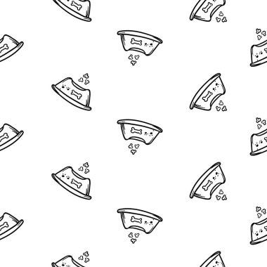 Kâseli, sade, siyah beyaz desenli. Hayvan yemi. Evcil hayvan dükkanlarının, veteriner kliniklerinin ve evcil hayvan ürünlerinin tasarımı için vektör geçmişi. Paket kağıdı için tasarım, baskı. Vektör illüstrasyonu