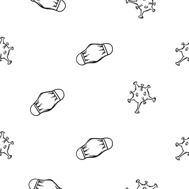 Tıbbi maskeli ve virüs ikonlu basit siyah beyaz desenli. Hastalıklarla, griple, koronavirüsle, salgınla ve karantinayla ilgili düzenlenebilir vektör geçmişi. Vektör illüstrasyonu