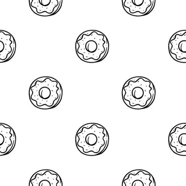 Basit siyah beyaz desenli donutlar. Yemekle vektör geçmişi. Kafe tasarımları, restoranlar, menüler. Paket kağıdı için tasarım. Vektör illüstrasyonu