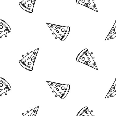 Pizza dilimli sade siyah beyaz desenli. Yemekle vektör geçmişi. Kafe tasarımları, restoranlar, menüler. Paket kağıdı için tasarım. Vektör illüstrasyonu