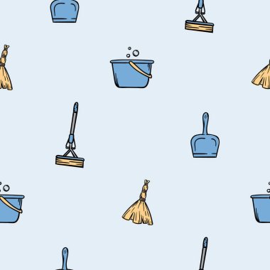 Temizlik ekipmanlarıyla basit, pürüzsüz bir düzen. Hizmet sektöründe tasarım için vektör geçmişi, kuru temizleme, temizlik şirketi. Hijyenle, temizlikle ilgili bir takım ikonlar. Vektör illüstrasyonu