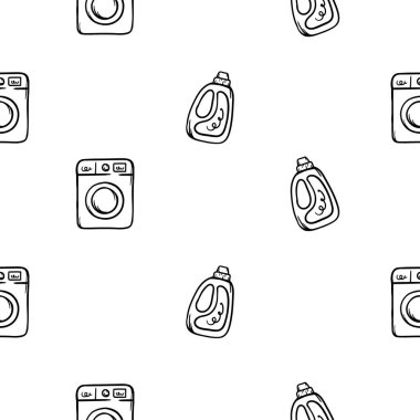 Çamaşır makinesi ve çamaşır tozu ile basit siyah beyaz desenli. Mağaza tasarımı, temizlik şirketi, reklam temizleme hizmetleri için vektör arkaplan. Vektör illüstrasyonu