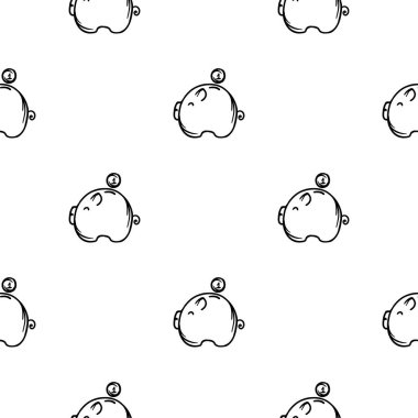 Domuz kumbarasıyla basit siyah beyaz desenli. Mağaza tasarımı, ambalaj kağıdı, vitrin, afiş için vektör arkaplan. Alışverişle ilgili ikonlar, Kara Cuma, satış. Vektör illüstrasyonu