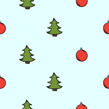 Parlak vektör el, Noel ağacı ve kırmızı toplarla yeni yıl deseni çizdi. Ambalaj kağıdı, dekorasyon, baskı ve afiş için sonsuz tatil geçmişi. Vektör illüstrasyonu