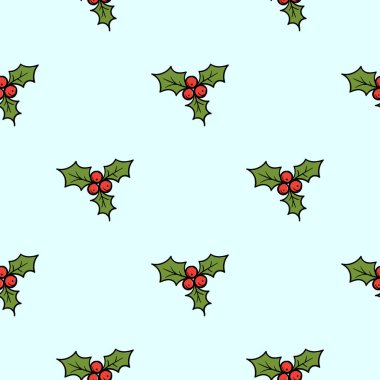 Parlak vektör eli Noel ökse otuyla yeni yıl deseni çizmiş. Ambalaj kağıdı, dekorasyon, baskı ve afiş için sonsuz tatil geçmişi. Vektör illüstrasyonu