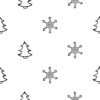 Yılbaşı ağacı ve kar taneleriyle yeni yıl deseni çizilmiş basit bir vektör. Ambalaj kağıdı, dekorasyon, baskı ve afiş için sonsuz tatil geçmişi. Vektör illüstrasyonu