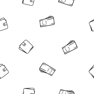 Cüzdanı ve parası olan sade siyah beyaz bir vektör. Tekrarlanan ticaret seti, fon elemanları, baskı. Vektör illüstrasyonu