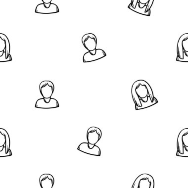 Erkek ve kadın ikonuyla basit siyah ve beyaz vektör deseni. İş geçmişi, okul, tebligat. Basit el çizimi semboller. Vektör illüstrasyonu