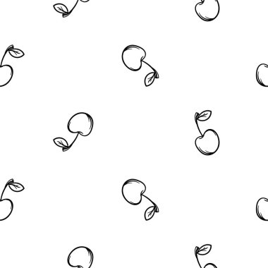 Kirazlı, siyah beyaz basit bir vektör. Paket kağıdı, dekorasyon, baskı için el çizimi arka plan. Vektör illüstrasyonu