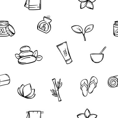 Vücut bakımı ürünleri, kaplıca salonu, güzellik salonu sembolleriyle basit siyah beyaz desenli bir vektör. Paket kağıdı, dekorasyon, baskı için el çizimi arka plan. Vektör illüstrasyonu