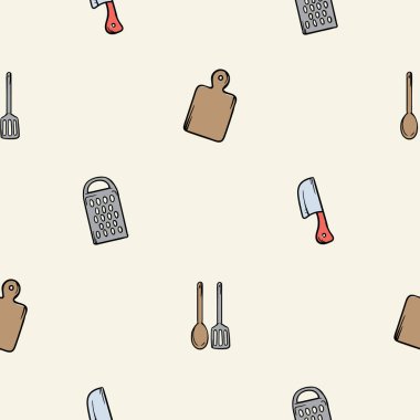 Mutfak tasarımı, kesim tahtası, bıçak, sebze rendesi ve mutfak spatulası ile basit, pürüzsüz desen. Mutfak, kafe, ambalaj kağıdı ve baskı tasarımı için vektör arkaplan. Vektör illüstrasyonu