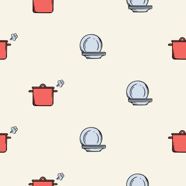 Mutfak tasarımı, tencere ve tabaklar basit, pürüzsüz desen. Mutfak, kafe, restoran, ambalaj kağıdı ve baskı tasarımı için vektör arkaplan. Vektör illüstrasyonu