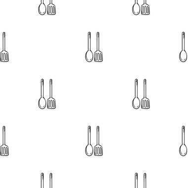 Mutfak tasarımı ve çatal bıçak takımlarıyla siyah beyaz desenli. Mutfak, kafe, restoran, ambalaj kağıdı ve baskı tasarımı için vektör arkaplan. Vektör illüstrasyonu