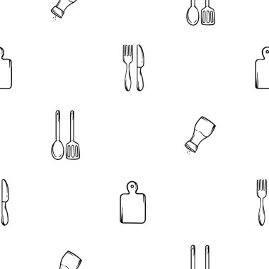 Mutfak tasarımı, tuzluk, kesme tahtası ve mutfak aletleri olan siyah ve beyaz desenli. Mutfak, kafe, restoran, ambalaj kağıdı tasarımı için vektör geçmişi. Vektör illüstrasyonu