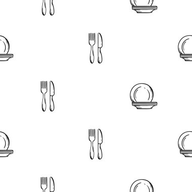 Çatal, çatal, bıçak, bıçak ve tabaklarla siyah ve beyaz desenli. Mutfak, kafe, restoran, ambalaj kağıdı ve baskı tasarımı için vektör arkaplan. Vektör illüstrasyonu
