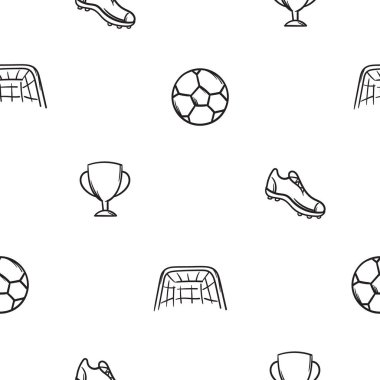 Toplu, futbol gollü, spor ayakkabılı ve kupalı sade siyah beyaz desenli. Süsleme, ambalaj kağıdı ve baskı için spor ve spor malzemeleriyle vektör geçmişi. Vektör illüstrasyonu