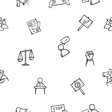 Elle çizilmiş ikonlar, ticari simgeler, pazarlama ve siyasetin sembolleri ile basit, pürüzsüz bir düzen. Vektör düzenlenebilir arkaplan. Vektör illüstrasyonu