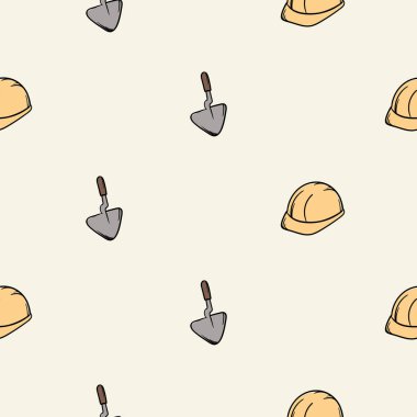 Spatül ve miğferle basit, pürüzsüz bir şablon. Yapım ve onarım tabelaları, semboller, ekipmanlar ve aletlerle düzenlenebilir arka plan. Paket kağıdı için tasarım, baskı. Vektör illüstrasyonu