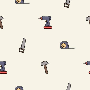 Matkap, çekiç, testere ve mezurayla basit bir vektör deseni. Yapım ve onarım tabelaları, semboller, ekipmanlar ve aletlerle düzenlenebilir arka plan. Baskı için tasarım. Vektör illüstrasyonu