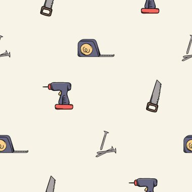 Matkap, testere, kürek ve çivilerle basit bir vektör deseni. Yapım ve onarım tabelaları, semboller, ekipmanlar ve aletlerle düzenlenebilir arka plan. Dekorasyon için tasarım. Vektör illüstrasyonu