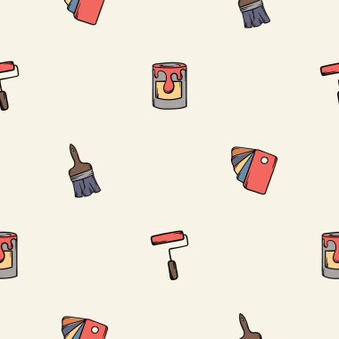 Boya kutusu, fırça, palet ve rulo ile basit bir vektör kusursuz desen. Yapım ve onarım tabelaları, semboller, ekipmanlar ve aletlerle düzenlenebilir arka plan. Baskı için tasarım. Vektör illüstrasyonu