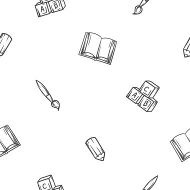 Bebek ürünleri ve eğitici oyuncaklarla sade siyah beyaz desenli. Kitap, piramit, fırça ve kalemle düzenlenebilir arka plan. Paket kağıdı tasarımı, baskı. Vektör illüstrasyonu