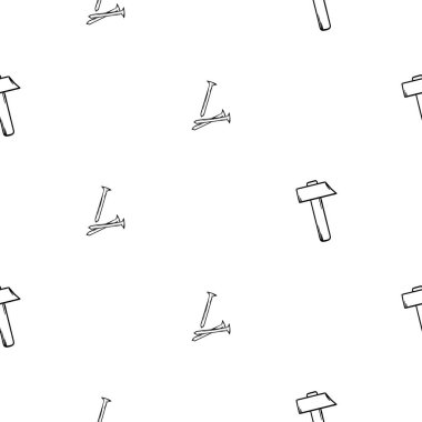 Simple black and white seamless pattern with hammer and nails. Editable background with construction and repair signs and symbols, equipment and tools. Design for wrapping paper. Vector illustration clipart