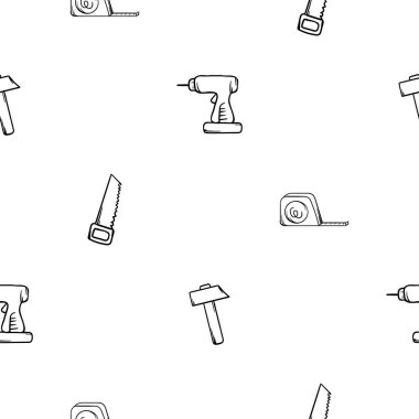 Basit siyah beyaz desenli matkap, çekiç, testere ve mezurayla. Yapım ve onarım tabelaları, semboller, ekipmanlar ve aletlerle düzenlenebilir arka plan. Vektör illüstrasyonu