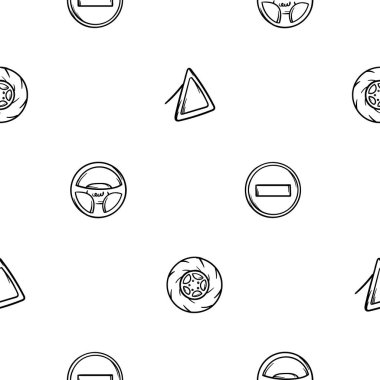 Simgeli siyah ve beyaz vektör deseni yol işaretleri, direksiyon, araba tekerleği. Dekorasyon, baskı ve duvar dekorasyonu için otomotiv temalı sonsuz bir arkaplan. Vektör illüstrasyonu
