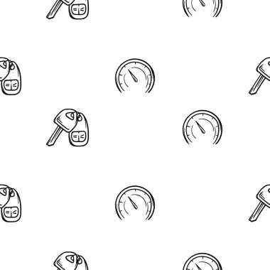 Basit bir siyah-beyaz vektör modeli. Araba anahtarı ve hız göstergesi simgesi var. Dekorasyon, ambalaj kağıdı, baskı, duvar süslemesi için otomotiv temalı sonsuz bir arka plan. Vektör illüstrasyonu