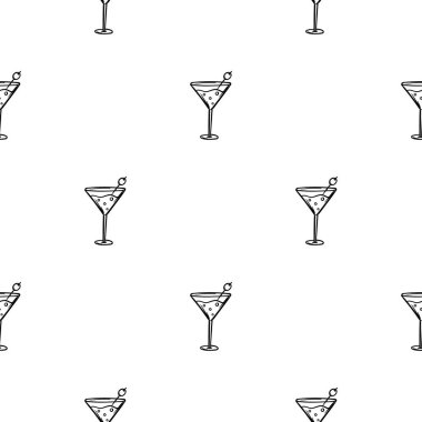 Martini bardağıyla sade siyah beyaz desenli. Dekorasyon, tasarım, ambalaj kağıdı ve baskı için tatil temalı vektör arkaplanı. Simgeler, işaretler, elementler. Vektör illüstrasyonu