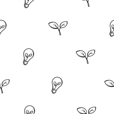 Basit bir siyah beyaz ekoloji, çevre ve küresel ısınma örneği. Lamba ve bitki simgeleriyle düzenlenebilir vektör arkaplanı. Paket kağıdı ve dekorasyon için baskı. Vektör illüstrasyonu