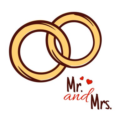 Bay ve Bayan Gold evlilik yüzükleri. Banner, Poster, Kart için El Çizimi Düğün Vektörü İllüstrasyonu. Vektör illüstrasyonu