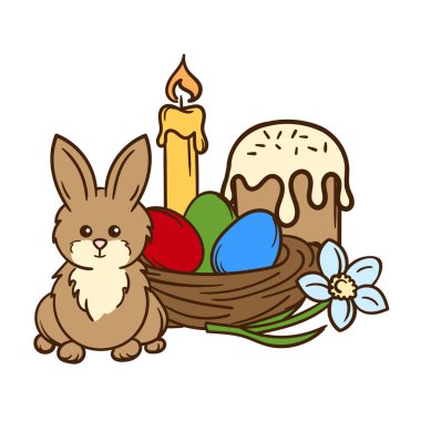 Basit Paskalya çizimi. Paskalya tavşanı, Paskalya pastası, boyanmış yumurta ve bir kartpostal, poster, reklam, duyuru için kilise mumu kompozisyonu. Vektör illüstrasyonu